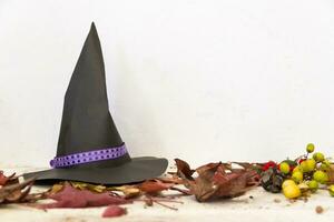 decoration with witch hats and autumn for halloween photo