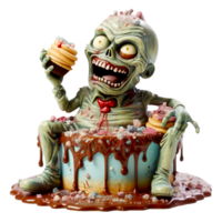 halloween sötsaker, kuslig kaka med zombies och skelett. ai genererad png