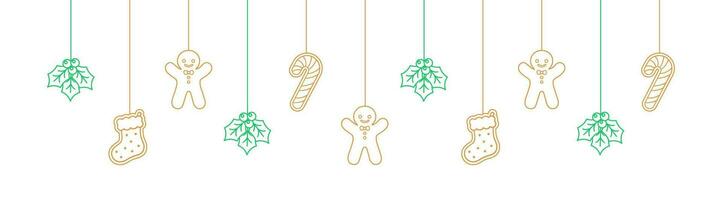 Merry Christmas Border Banner, Hanging Gingerbread Cookies and Mistletoe Garland Outline Doodle. Winter Holiday Season Header. Festive Web Banner Template. Vector illustration.