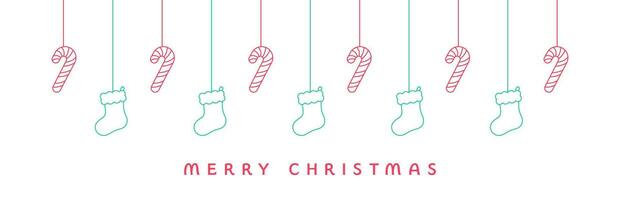 Merry Christmas Border Banner Line Art Doodle, Hanging Santa Stocking and Candy Cane Garland. Winter Holiday Season Header Decoration. Web Banner Template. Vector illustration.