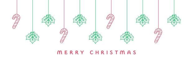 Merry Christmas Border Banner Outline Doodle, Hanging Mistletoe and Candy Cane Garland. Winter Holiday Season Header Decoration. Web Banner Template. Vector illustration.