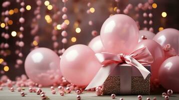 pink glamorous congratulatory background with balloons and confetti.AI Generative photo
