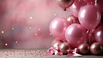 pink glamorous congratulatory background with balloons and confetti.AI Generative photo