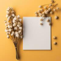 mockup with a white card and flowers in a minimalistic boho style.AI Generative photo
