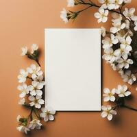 mockup with a white card and flowers in a minimalistic boho style.AI Generative photo