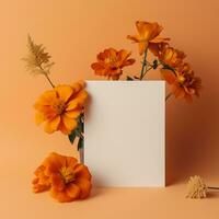 mockup with a white card and flowers in a minimalistic boho style.AI Generative photo