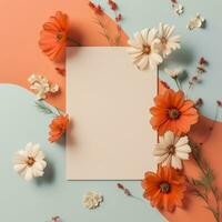 mockup with a white card and flowers in a minimalistic boho style.AI Generative photo