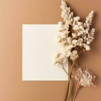 mockup with a white card and flowers in a minimalistic boho style.AI Generative photo