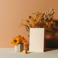 mockup with a white card and flowers in a minimalistic boho style.AI Generative photo