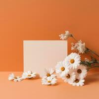 mockup with a white card and flowers in a minimalistic boho style.AI Generative photo