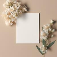 mockup with a white card and flowers in a minimalistic boho style.AI Generative photo