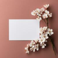 mockup with a white card and flowers in a minimalistic boho style.AI Generative photo