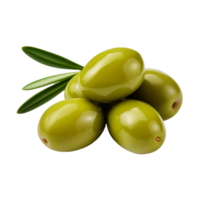 Green olives with leaves isolated on transparent background AI Generative png