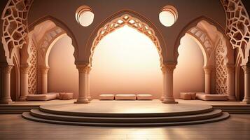 podio antecedentes en Ramadán fiesta minimalismo estilo . oriental Arábica diseño con sombras de beige colores. ai generativo foto