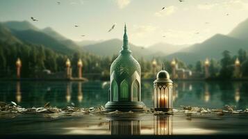 podium background in Ramadan holiday style with lantern. oriental arabic design with shades of green. ai generative photo