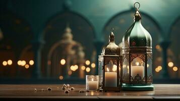 podium background in Ramadan holiday style with lantern. oriental arabic design with shades of green. ai generative photo