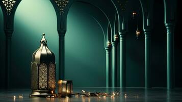 podium background in Ramadan holiday style with lantern. oriental arabic design with shades of green. ai generative photo