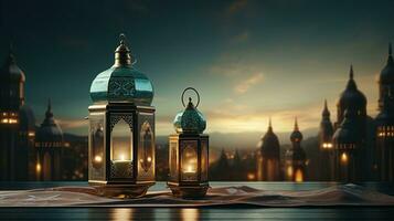 podium background in Ramadan holiday style with lantern. oriental arabic design with shades of green. ai generative photo