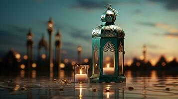 podium background in Ramadan holiday style with lantern. oriental arabic design with shades of green. ai generative photo