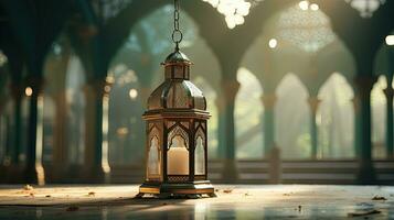 podium background in Ramadan holiday style with lantern. oriental arabic design with shades of green. ai generative photo