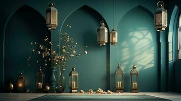 podium background in Ramadan holiday style with lantern. oriental arabic design with shades of green. ai generative photo