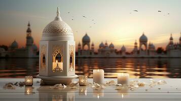 podium background in Ramadan holiday style with lantern. oriental arabic design with shades of gold. ai generative photo