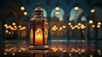 podium background in Ramadan holiday style with lantern. oriental arabic design with shades of gold. ai generative photo