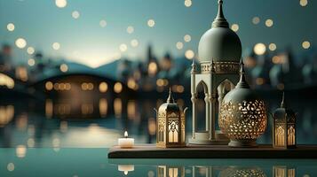 podium background in Ramadan holiday style with lantern. oriental arabic design with shades of gold. ai generative photo