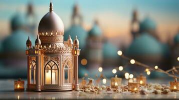podium background in Ramadan holiday style with lantern. oriental arabic design with shades of gold. ai generative photo