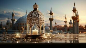 podium background in Ramadan holiday style with lantern. oriental arabic design with shades of gold. ai generative photo