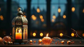 podium background in Ramadan holiday style with lantern. oriental arabic design with shades of gold. ai generative photo