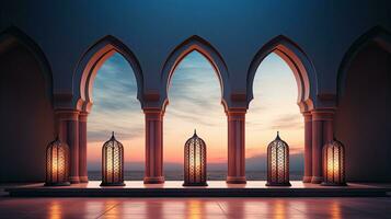 podium background in Ramadan holiday style with lantern. oriental arabic design with shades of gold. ai generative photo