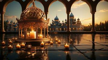 podium background in Ramadan holiday style with lantern. oriental arabic design with shades of gold. ai generative photo