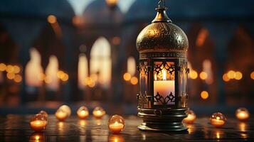 podium background in Ramadan holiday style with lantern. oriental arabic design with shades of gold. ai generative photo
