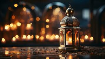 podium background in Ramadan holiday style with lantern. oriental arabic design with shades of gold. ai generative photo