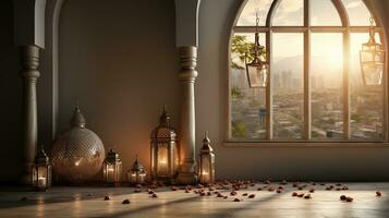 podium background in Ramadan holiday style with lantern. oriental arabic design with shades of gold. ai generative photo