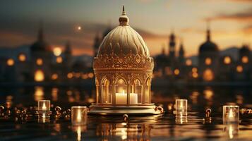 podium background in Ramadan holiday style with lantern. oriental arabic design with shades of gold. ai generative photo