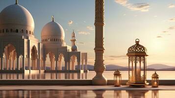 podium background in Ramadan holiday style with lantern. oriental arabic design with shades of gold. ai generative photo