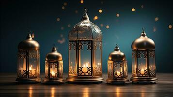 podium background in Ramadan holiday style with lantern. oriental arabic design with shades of gold. ai generative photo