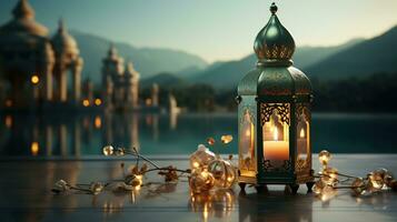 podium background in Ramadan holiday style with lantern. oriental arabic design with shades of gold. ai generative photo