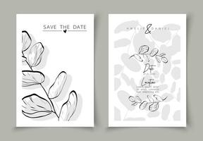 Set of cards minimal hand drawn branch elements in line art style. Botanical leaves frame template. Editable vector design card for advertising, cover, wedding invitation, poster or save the date.