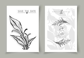 Set of cards minimal hand drawn branch elements in line art style. Botanical leaves frame template. Editable vector design card for advertising, cover, wedding invitation, poster or save the date.