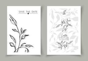 Set of cards minimal hand drawn branch elements in line art style. Botanical leaves frame template. Editable vector design card for advertising, cover, wedding invitation, poster or save the date.