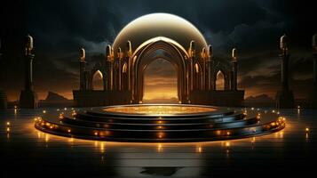 podio antecedentes en Ramadán fiesta estilo. oriental Arábica diseño con sombras de en beige oro y amarillo sombras. ai generativo foto