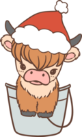 Baby Highland cow with Santa hat, in bucket png