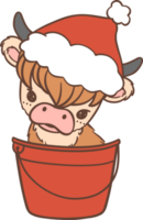 Baby Highland cow with Santa hat, in bucket png