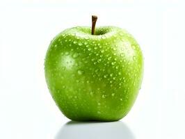 Fresh green apple fruit with water droplets on it in white background AI Generative photo