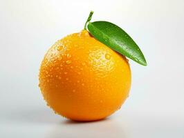 Fresh orange fruit with water droplets on it in white background AI Generative photo