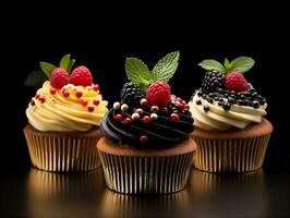 Set of cupcakes with berries and mint on a dark background AI Generative photo