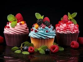 Set of cupcakes with berries and mint on a dark background AI Generative photo